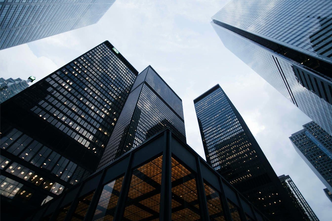 Glass office towers viewed from the street